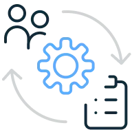Illustration of a gear, a team, and a checklist with renewal symbol.