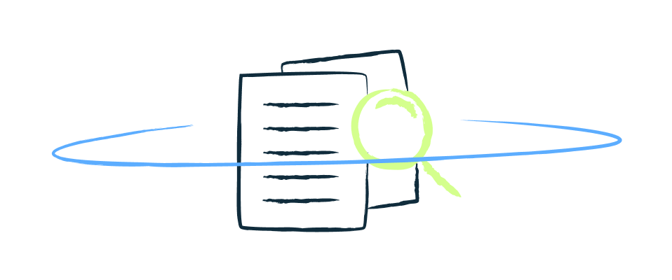 Illustration of resumes with magnifying glass symbol.