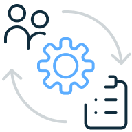Illustration of a gear, a team, and a checklist with renewal symbol.